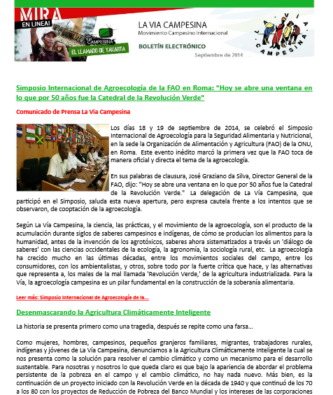 La Via Campesina- Boletín Electrónico Septiembre de 2014